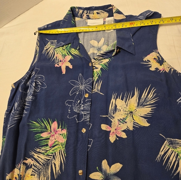 LIZ CLAIBORNE 100% Silk Shirt Sz L Blue Floral Casual Fresh Vacation Sleeveless - Picture 9 of 9